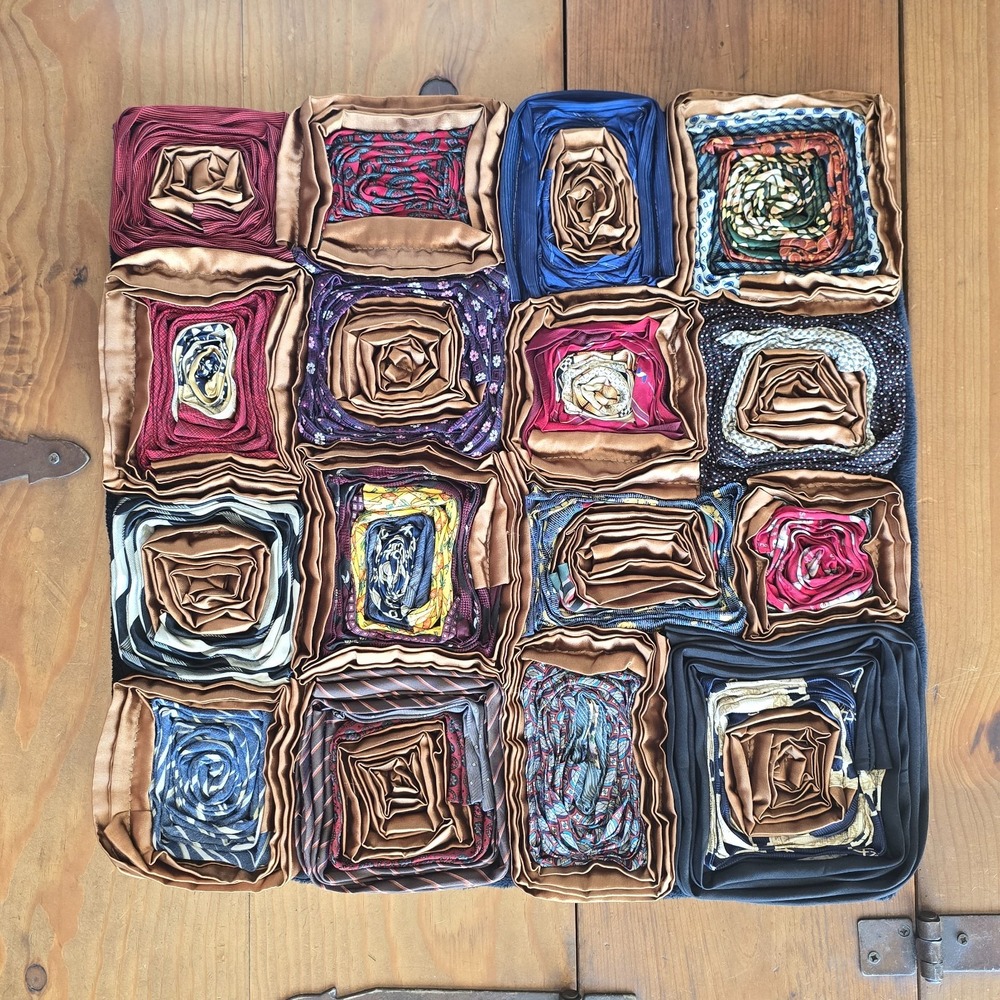 Vintage Dreamweavers Handmade Silk Tie Pillow Cover with Hand-Rolled Roses